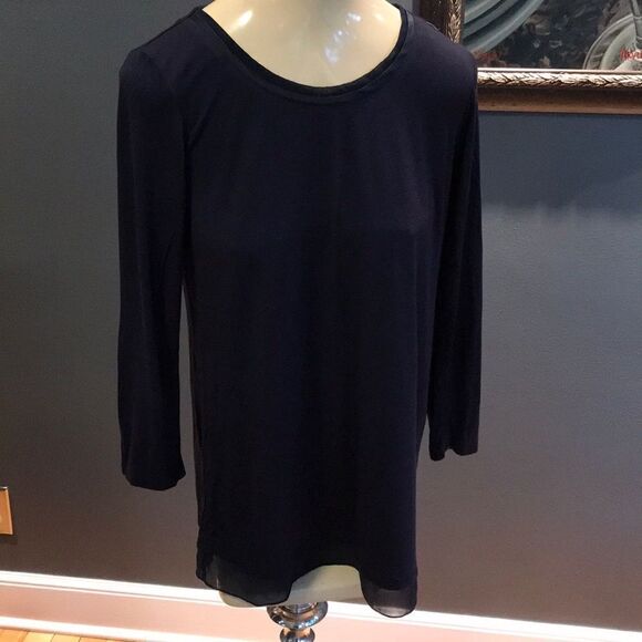Marled navy sheer hem/silky neckline long sleeve T - Picture 1 of 8